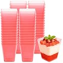 5oz Mini Dessert Cups, Small Square Plastic Cups, Clear Appetizer Cups for Pudding, Yogurt, Mousse, Wedding and Party（Red, 20