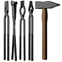 5PCS Blacksmith Tongs Set with Hammer for Knife Making, 3/8" V-Bit,V-Bit Blade and Flat Jaw and Square Jaw Forging Tools, High Carbon Steel Forge Kit