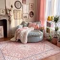 5x7 Boho Machine Washable Low Pile Area Rugs for Living Room Peach Pink