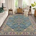 5x7 Boho Machine Washable Low Pile Area Rugs for Living Room Teal Purple