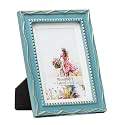 5x7 Picture Frame, Gold Beads &amp; Swirls Against Muted Blue, Resin Frame with Real Glass, Display 5x7 Photos Matted to 4x6, Vertical and Horizontal Desk Tabletop or Wall Hanging