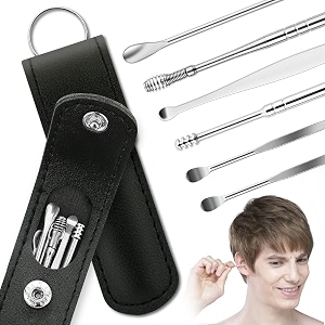 6-in-1 ear wax cleaner- reusable ear cleaning tools leather pouch - ear pick wax remover tool kit with ear curette cleaner and spring ear buds cleaner fit in pocket great for traveling