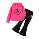 6-13 Years Girls Clothing Heart Print Hoodie Top + Heart Print Flare Leg Pants 2PC Clothing Set