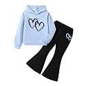 6-13 Years Girls Clothing Heart Print Hoodie Top + Heart Print Flare Leg Pants 2PC Clothing Set