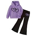 6-13 Years Girls Clothing Heart Print Hoodie Top + Heart Print Flare Leg Pants 2PC Clothing Set
