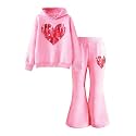 6-13 Years Girls Clothing Heart Print Hoodie Top + Heart Print Flare Leg Pants 2PC Clothing Set