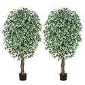 6.2ft Ficus Artificial Trees with 3 Natural Curved Trunks, 74" Tall Lush Faux Tree for Home Decor Indoor, Green Lifelike Fake Ficus Tree 2pcs