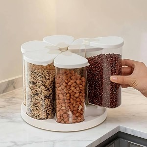 6-grid round food dispenser  360 rotating food bucket transparent rice storage container  rotatable dry food fruit cereal storage box container with lid for home and kitchen transparent