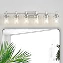 6-Light Bathroom Vanity Light, Brushed Nickel Fixtures Over Mirror, Wall Mount with Clear Glass Shade, Modern Wall Sconce