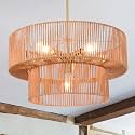 6-Light Boho Rattan Chandelier Light Fixture,23.62” Hand Woven Rustic Chandeliers Farmhouse Chandelier Hanging Light for Dining Room Kitchen Island, Living Room, Foyer