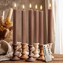 6 Pack, 10" LED Flameless Real Wax Brown Tan Fluted Ribbed Grooved Taper Candles, Remote &amp; 24h Timer Memory, On/Off Button, Dimmable, Flicker Mode, Battery Operated, Wedding
