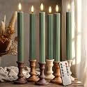 6 Pack, 10" LED Flameless Real Wax Sage Olive Loden Green Fluted Ribbed Grooved Taper Candles, Remote &amp; 24h Timer Memory, On/Off Button, Dimmable, Flicker Mode, Battery Operated, Wedding