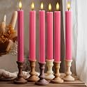 6 Pack, 10" LED Flameless Real Wax Pink Ribbed Taper Candles w/Remote Controller, On/Off Button, Dimmable, Flicker/Static Mode, Battery Operated, Holiday Christmas Menorah Wedding Decor