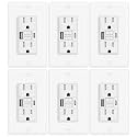 6 Pack 15A GFCI Outlet with USB C&amp;A, Self-Test TR ETL Listed White