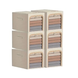 6 pack clothes storage bins with metal frame foldable clothing storage bins with lids 31l stackable storage box storage bags fabric bins organizer with clear window zippers sturdy handles