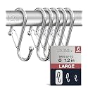 6-Pack Metal S Hooks for Hanging – Heavy-Duty S-Shaped Hook with Safety Buckle – Fits Bars up to 1.2 in – Anti-Drop S-Hooks for Closet, Wardrobes & Storage – Silver (Large)