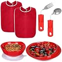 6 Pcs Adaptive Utensil with Bib Bowl Plate Set for Elderly Parkinson