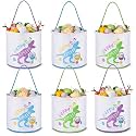 6 Pcs Canvas Easter Basket with Handle Dinosaur Bucket Bags Bulk Fabric Eggs Hunt Totes for Party Supplies Easter Candy Gifts Storage Favors