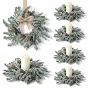6 PCS Christmas Candle Rings Wreaths Mini Frosted Pine Candle Holder Rings