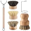 6 PCS Dish Brush with Handle Set, Wooden Handle with 3 Replaceable Bristle Heads, Bamboo Brush for Dishes with Metal Dry Rack for Kitchen Cleaning Tasks