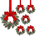 Knitgrip 6 Pcs Mini Christmas Kitchen Wreath with Red Bow Pine Cone Decor