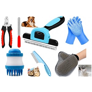 6 pcs pet grooming kit for dogs amp cats dematting amp deshedding tool pet nail clipper bath amp massage brush pet comb bath gloves amp hair removal glove complete dog amp cat grooming set