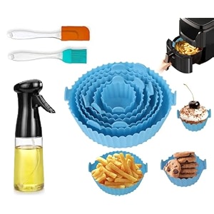 6 pcs round reusable non-stick air fryer accessories silicone coating pot basket for microwave oven oil sprayer bottle and oil brush and spatula set