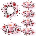6 PCS Valentine Candle Rings Wreaths Valentines Day Mini Wreath Red Pink Heart and Berry Candle Holder Rings Valentine's Table Decor for Valentine Day Wedding Windows Table Centerpieces