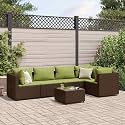 6-Piece Brown Patio Lounge Set with Green Cushions, Modular Outdoor Furniture with Thick Cushions, Durable UV-Resistant Poly Rattan Design for Garden, Balcony, or Terrace