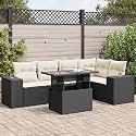 6-Piece Modular Garden Sofa Set, Black PE Rattan Outdoor Patio Furniture, Adjustable Height, Rectangular Dining Table, for Backyard Terrace