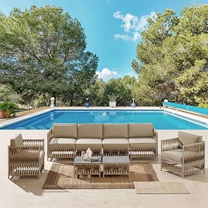 loccus outdoor rope sofa set 5pcs  modern patio conversation set with cushions amp coffee table for garden balcony amp terrace beige amp natural