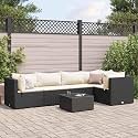 6-Piece Patio Lounge Set with Black PE Rattan, Powder-Coated Steel Frame and Tempered Glass Table, Modular Outdoor Seating with Removable Cream Cushions for Garden, Balcony,