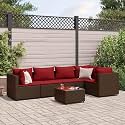 6-Piece Patio Lounge Set with Cushions Brown PE Rattan Powder-Coated Steel Tempered Glass Table Outdoor Furniture Seating for Garden Balcony Backyard