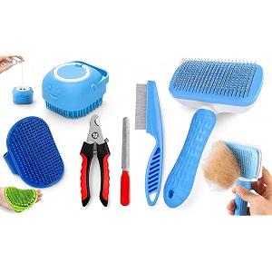 6 piece pet grooming kit for dogs and cats with self cleaning slicker brush shampoo bath brush grooming glove flea comb nail clipper and file for all hair types