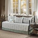 6 Piece Reversible Microfiber Ivy Mist Printed Daybed Cover Set, All Season Luxury Bedding with Bedskirt, Matching Shams, Decorative Pillow, 75"x39", Green