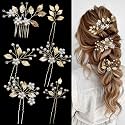 6 Pieces Bridal Wedding Hair Pins Gold Leaf Hair Pins Clips Crystal Pearl Flower Headpiece Vintage Wedding Hair Accessories for Brides Bridesmaids Women Girls