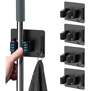 sittella 6 pieces stainless steel 1 rack with 1 hook heavy duty wall mounted broom and mop stick holder hanging tools for home kitchen garden laundry garage black