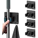 SITTELLA® 6 Pieces Stainless Steel 1 Rack with 1 Hook Heavy Duty Wall Mounted Broom and Mop Stick Holder, Hanging Tools for Home Kitchen Garden Laundry Garage (Black)