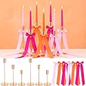 6 Set Pink and Orange Sunset Party Decorations, 6 Candle Holders and 6 Ribbon Bow, Metal Brass Gold Candlestick Holders for Table Wedding Bachelorette Birthday Tequila Sunrise Party Supplies