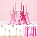 6 Set Pink Party Decorations, 6 Candle Holders and 6 Ribbon Bow, Metal Brass Gold Candlestick Holders for Table Wedding Bachelorette Birthday Party Supplies