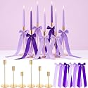 6 Set Purple Party Decorations, 6 Candle Holders and 6 Ribbon Bow, Metal Brass Gold Candlestick Holders for Table Wedding Bachelorette Birthday Party Supplies