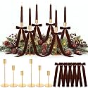 6 Sets Brown Christmas Party Decorations, 6 Candle Holders and 6 Velvet Ribbon Bow, Metal Brass Gold Candlestick Holders for Table Christmas Holiday Wedding Birthday Party Supplies