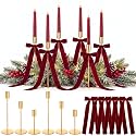 6 Sets Burgundy Christmas Party Decorations, 6 Candle Holders and 6 Velvet Ribbon Bow, Metal Brass Gold Candlestick Holders for Table Christmas Holiday Wedding Birthday Party Supplies