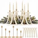 6 Sets Cream White Christmas Party Decorations, 6 Candle Holders and 6 Velvet Ribbon Bow, Metal Brass Gold Candlestick Holders for Table Christmas Holiday Wedding Birthday Party Supplies