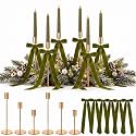 6 Sets Olive Green Christmas Party Decorations, 6 Candle Holders and 6 Velvet Ribbon Bow, Metal Brass Gold Candlestick Holders for Table Christmas Holiday Wedding Birthday Party Supplies