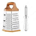 6-Sided Stainless Steel Multipurpose Grater and Slicer Wood Finish for Cut Vegetables, Ginger,Cucumbers, Carrots, Potatoes (Grater with Peeler)