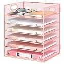 6 Tray Paper Organizer Letter Tray with Handle - Mesh Desk File Organizer, Paper Sorter Organizer for Office, Home or School File Folder Holder - Pink
