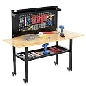60" Heavy Duty Adjustable Workbench with Large Pegboard&amp; Partition, Adjustable Work Table with Power Outlets &amp; Lockable Wheels, Rubber Wood Workstation for Garage, Workshop, Office, Home, Commercial