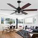 60'' Black Farmhouse Rustic Ceiling Fan with Light Caged Chandelier Fan