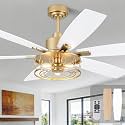 60 Inch Modern Ceiling Fan with Light and Remote, Gold and White Ceiling Fan with 6 Double Blades, Quiet Reversible DC Motor for Bedroom Living Room Kitchen Dining Room